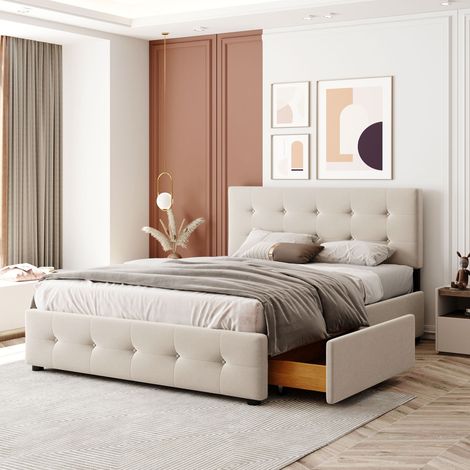letto contenitore 140x200 cassetti beige HAVRYA (1/5)