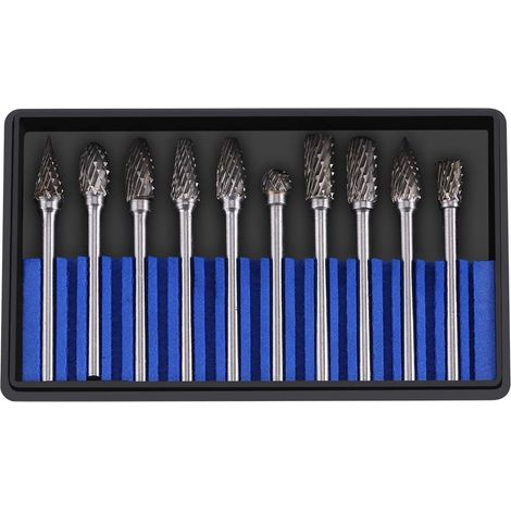 Jeu de Fraises rotatives, 10 pièces de Lime rotative en Acier au carbure de tungstène, tête de meulage, fraisage, fichiers de Coupe, Outils avec boîte de Rangement pour la Gravure sur (Double Cut)