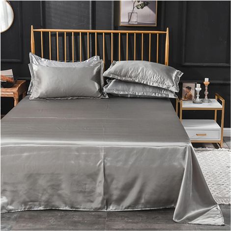 Draps en Soie Rafraîchissants Drap Plat Couleur Unie Glace Soie Satin Tissu literie Reine King Size Luxe Drap de lit draps et taies d'oreiller(Silver Gray,230x250cm) (1/5)