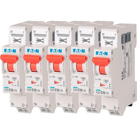 EATON Lot de 5 disjoncteurs auto 10A Ph+N, borne à ressort, 4,5kA (EN 60898) courbe C, 230V, 45kA, courbe C, idéal pour protection électrique fiable.
