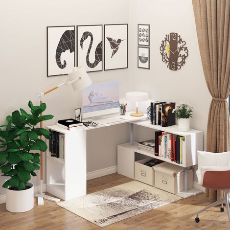 Bureau Moderne, Angulaire et Rotatif avec Bibliothèque, Table à Manger en Aggloméré Blanc, 140x120x78 cm (1/5)