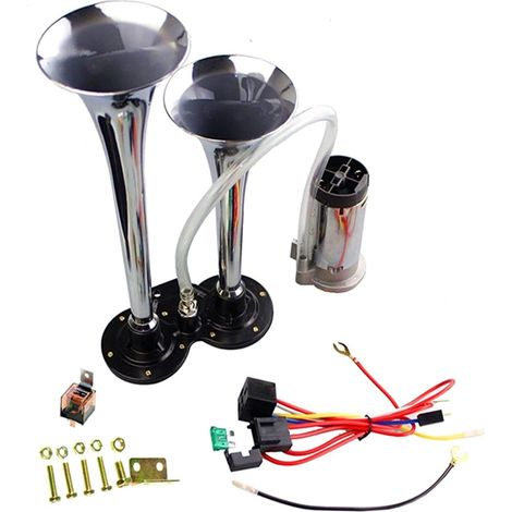 Corne de camion Air Horn 24V Double tube Trompette Klaxon de voiture argent Haut-parleur 150db Chrome Zinc puissant avec de pompe à air pour 12V camion SUV etc (1/5)