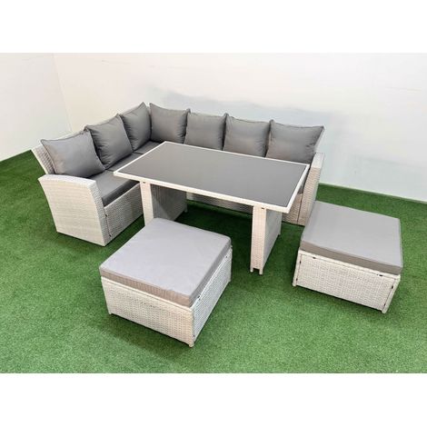 Fimous 8 Seater Wicker Rattan Corner Sofa Sets Outdoor Garden Furniture Sets with Rectangular Dining Table Lounge Sofa 2 Big Footstool Light Grey (1/5)