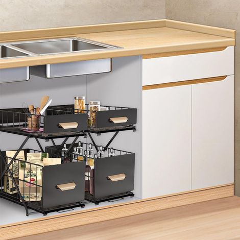 Rangement Sous évier à 2 Niveaux,Organiseur de Cuisine, Étagère sous Évier, Porte-épices,Panier Coulissant en métal,pour Salle Bain,Chambre (40  26 43 cm-noir-2PC) 402643 Cm-noir-2pc -'402643 Cm-noir-