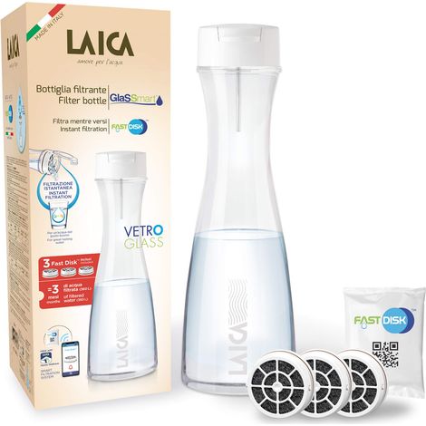 Laica Bk31A Bottiglia Filtrante In Vetro Glassmart, 3 Filtri Fast Disk Inclusi, 360 Litri Di Acqua Filtrata Istantaneamente, Bianco/Trasparente, 13.8 x 13.8 x 38.8 cm 1.06 Kg (1/5)