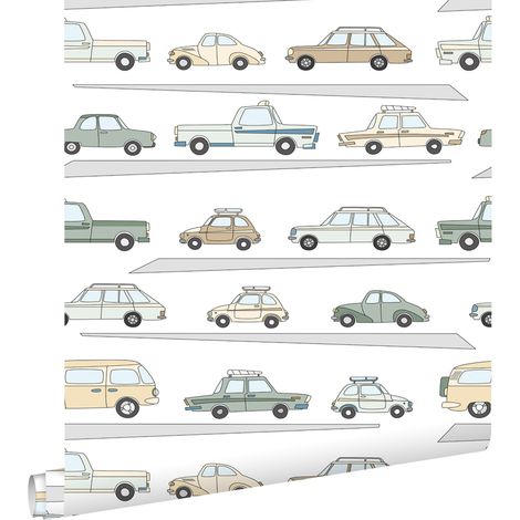 papier peint voitures vert grisé, gris et beige - ESTAhome (1/5)