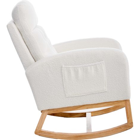 CHICFURN Silla mecedora de tela bouclé blanca con reposapiés extensible, bolsillos laterales y estructura de madera, ideal para lactancia y descanso diario (1/5)