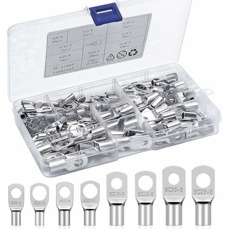 SHINING HOUSE Kits de terminales de crimpado, terminales eléctricos de 6 mm², 10 mm², 16 mm² y 25 mm², terminales de cable de anillo, terminales de cobre estañado, conectores SC para baterías de autom (1/5)