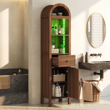 Armoire haute de salle de bain 40x30x163 cm effet noyer, sommet arqué avec LED, porte réversible, tiroir, fermeture magnétique, charnières soft-close, gain de place (1/5)