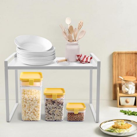 Teleskop Schrankeinsatz, Erweiterbarer Küchenregal Organizer für Küchenschrank und Arbeitsplatten,34-63cm Regaleinsatz ausziehbar, Expandierbares Schrankregal für Zuhause, Weiß (1/5)