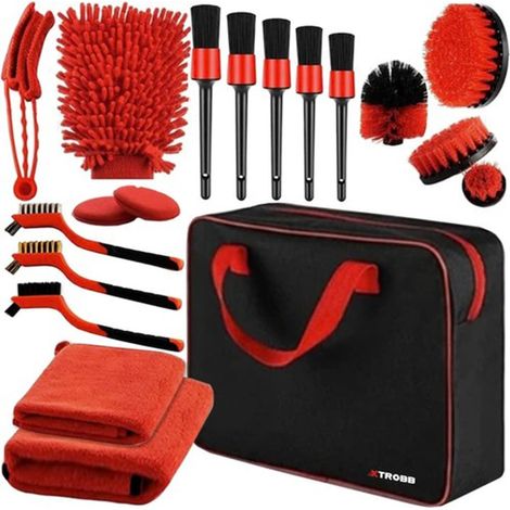 Set per la cura dell'auto da 18 pezzi, pulizia interna ed esterna, 4 testine di trapano, 5 spazzole, 3 spazzole, 1 panno professionale, 1 guanto, 1 spazzola tripla per griglia, rosso-nero (1/5)