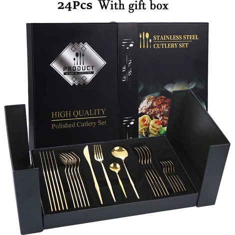 Coffret cadeau de couverts en acier inoxydable (doré) : couteau, fourchette, cuillère (1/5)