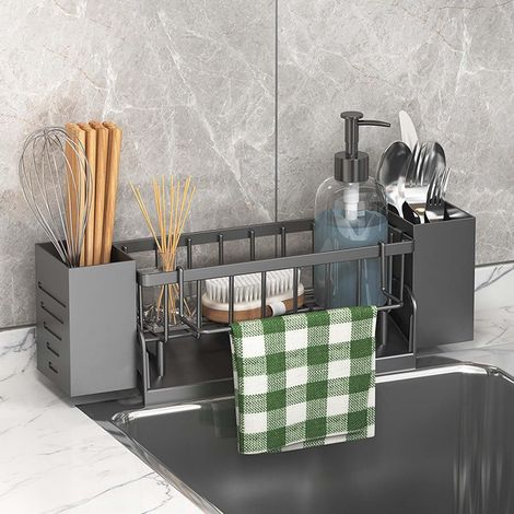 Organisateur de Cuisine Multifonction - Support Rangement pour Évier avec Porte-Éponge, Porte-Couverts et Égouttoir, 33.5 x 7.8 10.5 cm, en Plastique Résistant (1 Pièce) (Gris) Gris'Gris'Gris'- (1/5)