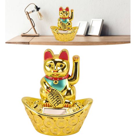 Chaton de la Fortune à Mouvement Solaire - MLY358A Ornement pour Bureau Maison Décoration Plastique Doré (1/5)