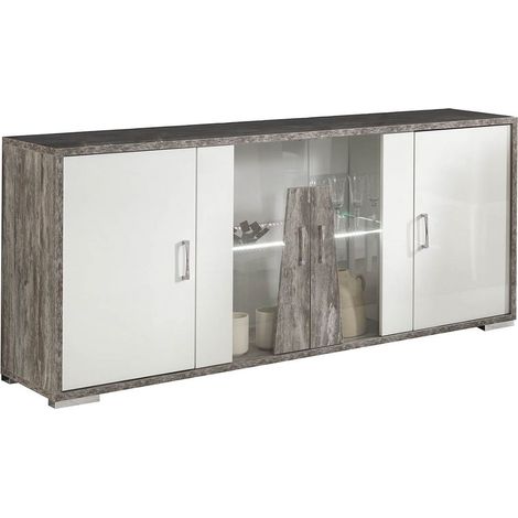 DENYS - Buffet 4 Portes Laqué Blanc et Effet Bois Taupe avec Led (1/3)