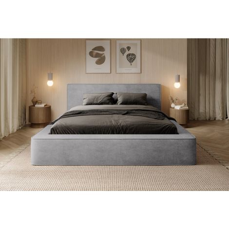 Lit coffre VELORA – Hellgrau – 140x200 cm – Weicher Samtstoff – Hochklappbarer Lattenrost – Integrierter Stauraum