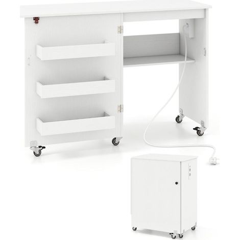 Table de couture pliante avec station de charge, étagère et 3 bacs, meuble de rangement pour atelier (1/3)