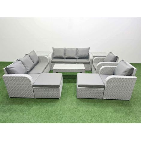 Fimous PE Rattan High Back Lounge Sofa Set Patio Oblong Coffee Table & Chairs Set with 3 Seater Sofa Reclining Chair 2 Big Footstool 2 Side Table Light Grey (1/4)