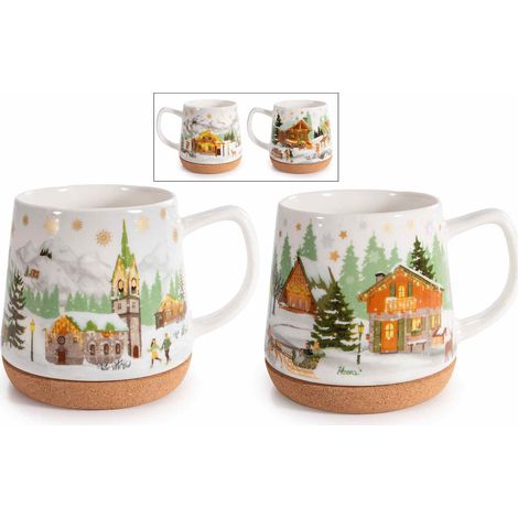 Tazze di Natale in porcellana con base in sughero con fantasia villaggio natalizio innevato, set da 4 pezzi, Ø 11 cm x 11 H