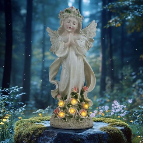 Statue d'ange solaire de jardin, lampe solaire de prière, sculpture d'ange féerique, statue de jardin extérieure, figurine d'ange gardien, sculpture décorative d'extérieur féerique étanche-Crezuo (1/4)