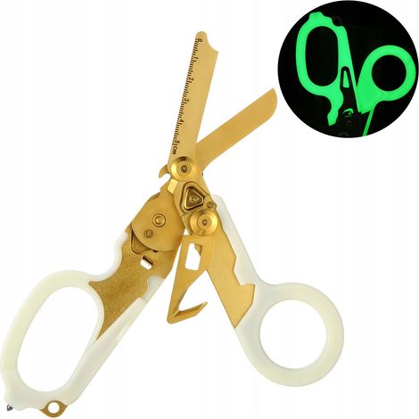 Forbici tattiche di soccorso medico che si illuminano al buio, 6 in 1, colore oro.