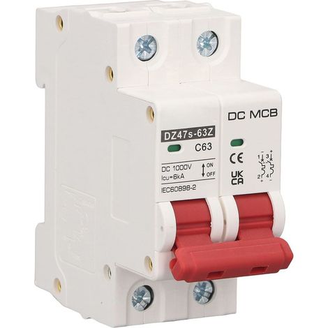 Interruttore automatico bipolare 63A 6KA 1000V CC per moduli solari – Montaggio su guida DIN – Elevata capacità di interruzione (1/5)
