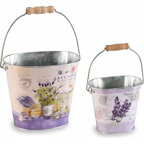 Cache-pots seaux en métal avec anse, décor lavande, lot de 2, Grand : 19 x 12 x H. 15,5 cm