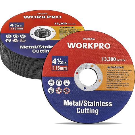 Workpro – Disque à tronçonner 20 pièces Ø 115 mm – Grain d’alundum pour métal et acier inoxydable – Coupe précise 1,2 mm – Compatible meuleuses d'angle