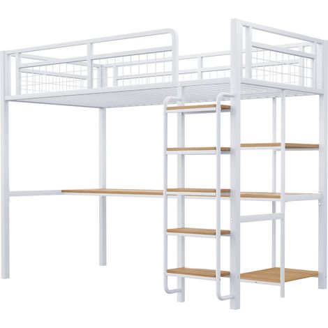 Letto a soppalco in metallo 90x200 cm bianco con scala, scrivania e ripiani (1/5)