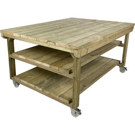 Wooden Super Heavy Duty Indoor / Outdoor Workbench, 4ft(120cm) Depth, 4ft(120cm) length, With wheels and Double shelf (1/3)