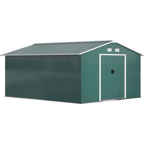 Caseta de jardín 12,4 m² de acero galvanizado verde oscuro 340 x 386 x 200 cm con puertas correderas (1/5)
