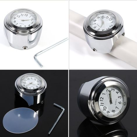 (Batterie intégrée) Horloge de guidon de moto en alliage d'aluminium (boîtier électroplaqué, cadran blanc) (1/5)