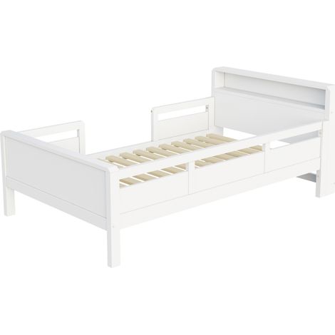 Cama infantil 90 x 200 cm de madera blanca con cabecero estante, USB-C y lámpara LED - HOMVRA (1/5)
