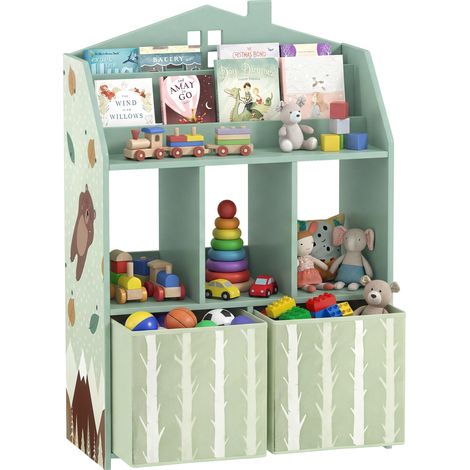 AIYAPLAY estantería infantil para juguetes con cajones de tela, estantes abiertos, diseño de ositos, organizador de juguetes para dormitorio, verde