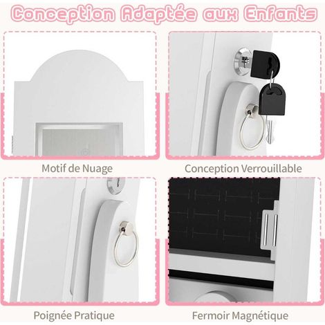 Motif nuage armoire à bijoux enfant avec miroir sur pied, éclairage LED 3 couleurs, rangement chambre (1/5)