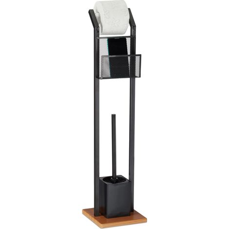 Relaxdays Toilet Accessory Set with Tray, Paper Holder, Toilet Brush with Holder, Square Base, Wooden Look, Black