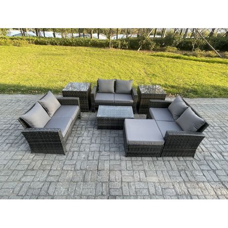 Fimous 7pc Rattan Sofa Gartenmöbel Set Balkonmöbel mit 2 Beistelltische Großer Fußhocker Doppelsitz-Sofa Dunkelgrau Gemischt (1/5)