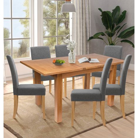 Hallowood Furniture Camberley Oak Extendable Dining Table and Chairs Set 6, Rectangular Butterfly Table and Chairs with Grey Fabric Upholstery, Dining Room Sets for Home and Café (1/5)