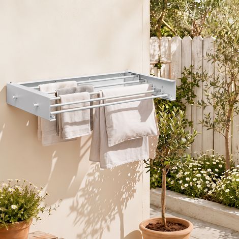 Randaco Wandtrockner klappbar 80 cm, Wand-Wäscheständer für Balkon, Terrasse & Innenbereich, rostbeständige Beschichtung wetterfester Wandtrockner, 5 Stangen, 25 kg Tragkraft, Weiß (1/5)