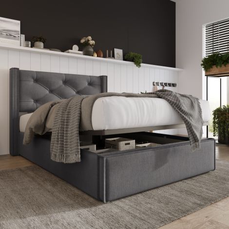 Cama individual hidráulica tapizada de 90x200cm, base de láminas metálicas, estructura moderna con espacio de almacenamiento, algodón, gris.