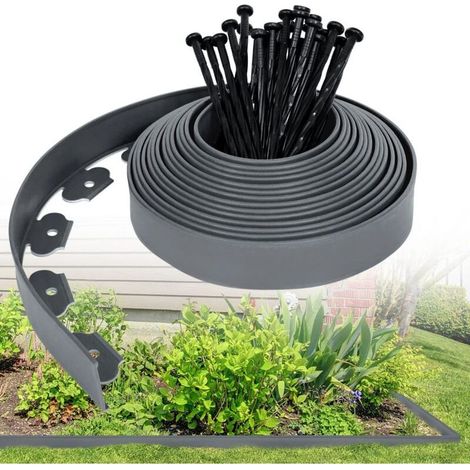 10m Plastic Lawn Edging - Flexible Garden Edging with 30 Anchor Pegs Decorative Garden Lawn Edging, Grey (1/5)