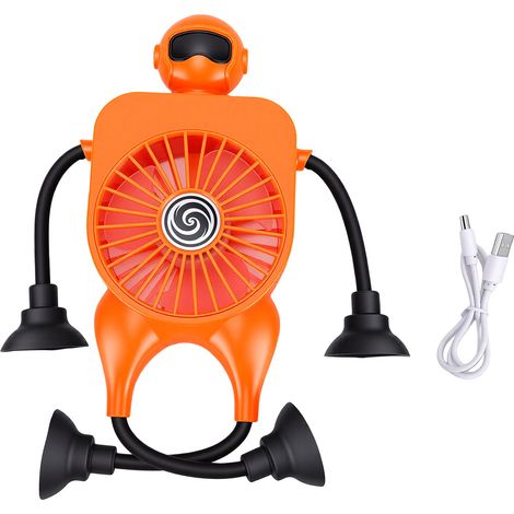 Ventilateur de bureau en forme de robot avec ventouse, affichage numérique 100 vitesses, rechargeable par USB, mini pour table de chevet, chambre à coucher, bureau, orange (1/5)