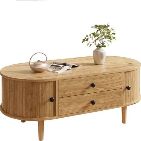 Table basse ovale en MDF avec lattes verticales, portes coulissantes et 2 tiroirs. (1/5)