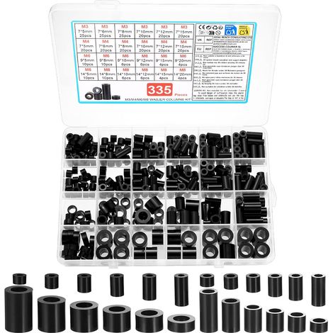 335 Pcs Entretoise Plastique Abs, M3 M4 M6 M8 Rondelles Rondes en Nylon 24 Tailles Entretoises Manchons, Rondelles D'Espacement Rondes, Rondelle Isolantes Non Filetées Pour Vis Circuits Imprimés (1/5)