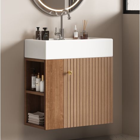Mueble de baño con lavabo 55 cm, mural, MDF marrón OKMYHOME (1/5)