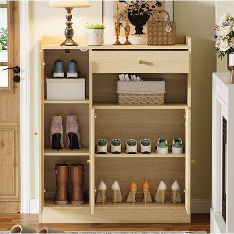 Schuhschrank mit 3 Türen und Schublade 90x35x110 Natur OKMYHOME (1/5)