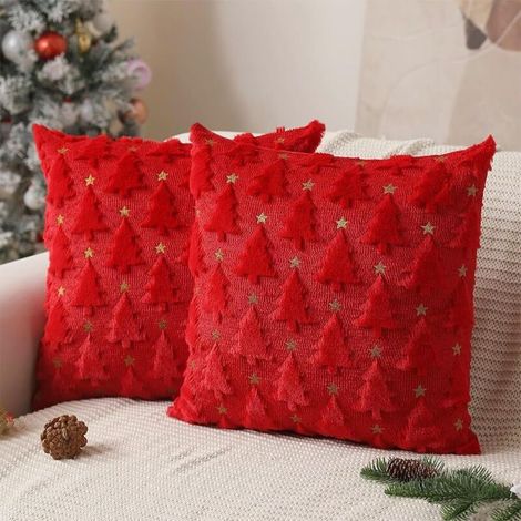 Lot de 2 Housse de Coussin Noel en en Fausse Fourrure, 45 x 45 cm, Motif Sapin de Noël, Taie d'oreiller Decoratif Noël, Décoration d'intérieur pour Chambre à Coucher, Canapé (A-Rouge) (1/5)
