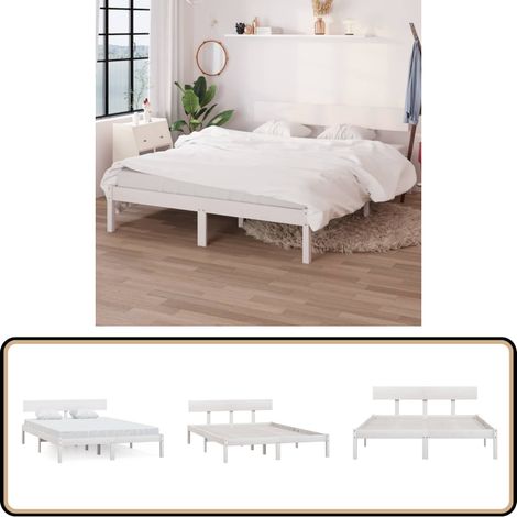 Cadre de lit sans matelas blanc bois massif 140x190 cm - Cadre De Lit - Lit Double - Lit En Bois - Lit Blanc - Sommier Plateforme