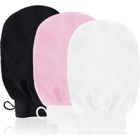 Gants exfoliants, lot de 3 gants de douche exfoliants double face, gants de bain nettoyants et démaquillants pour le corps, le spa, les massages et le soin des poils incarnés. (1/5)