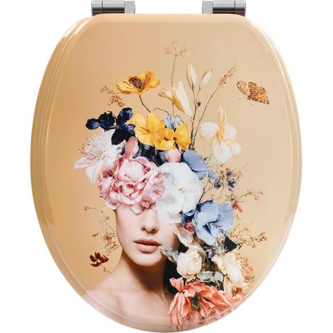 WOLTU Soft Close Toilet Seat with Quick Release,Assembly from Above, Toilet Seats with Adjustable Hinges, O Shape Toilet Lid Loo Seat, Flower Goddess